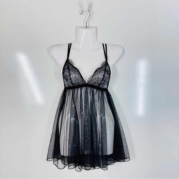 Victoria's Secret Other - Victoria’s Secret Sheer Black Lace Babydoll Lingerie Chemise Strappy Back Small